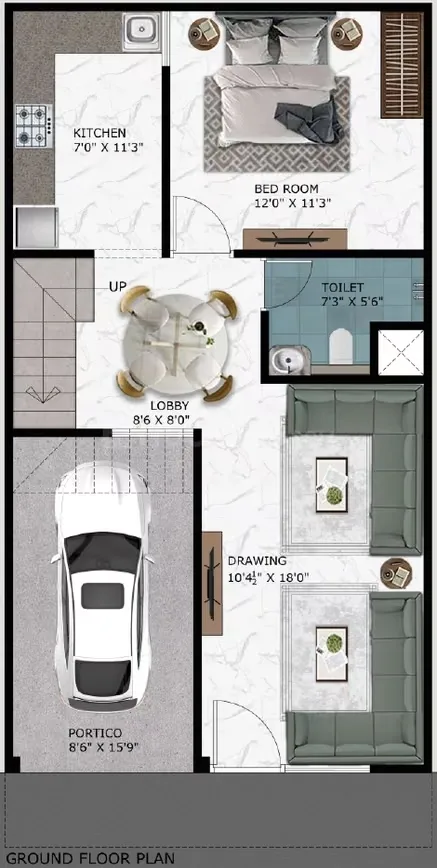 Paradise Gokul Vatika — Ground floor plan showing a portico, drawing room, lobby, kitchen, bedroom, and toilet with dimensions.