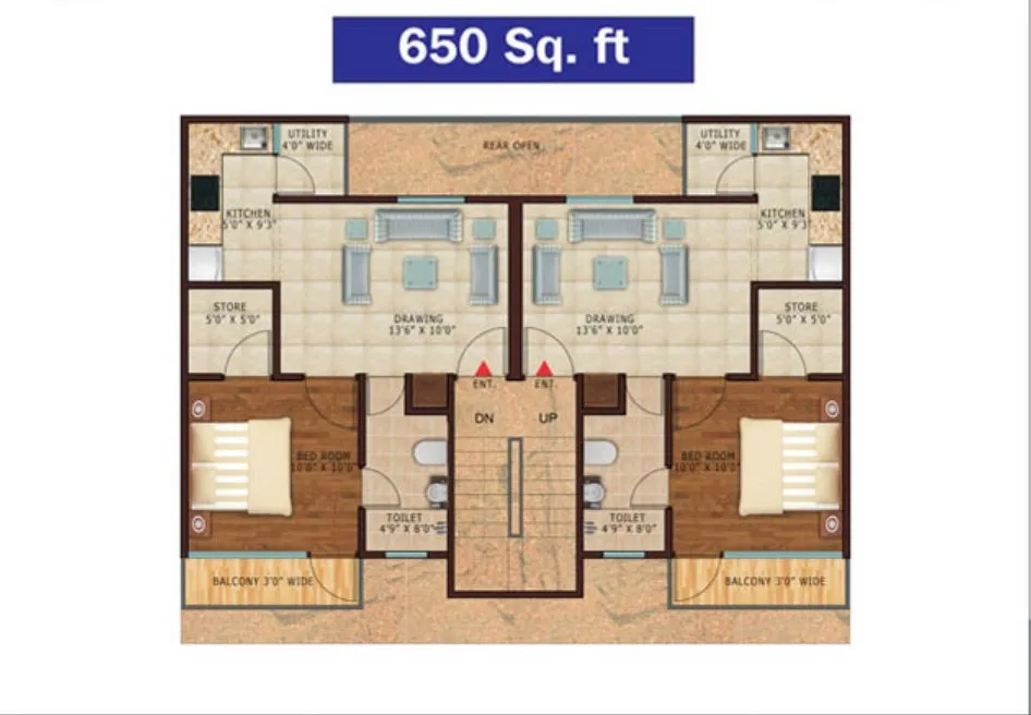 Lotus Villas 650 sqft twin unit compact floor plan