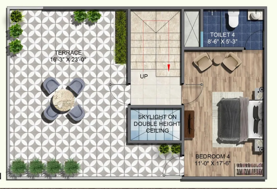 Rohin City Site Villa — Floorplan of a bedroom with an attached toilet and a terrace area with outdoor furniture.