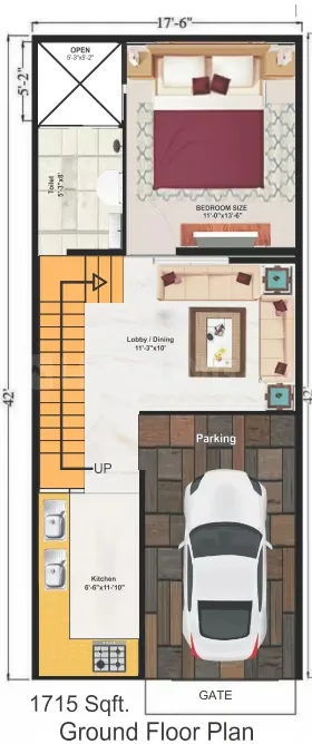 Golden Shri Ram Villas — Ground floor plan for a 1715 sqft unit showing kitchen, parking, lobby/dining, bedroom, toilet, and an open space.