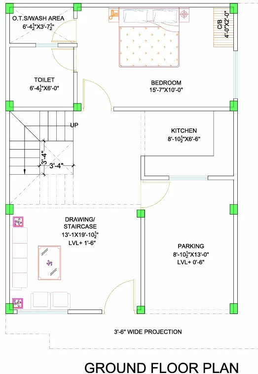 Pinnacle Neelkanth Villa — Ground floor plan showing a bedroom, kitchen, toilet, OTS/wash area, drawing/staircase, and parking area.