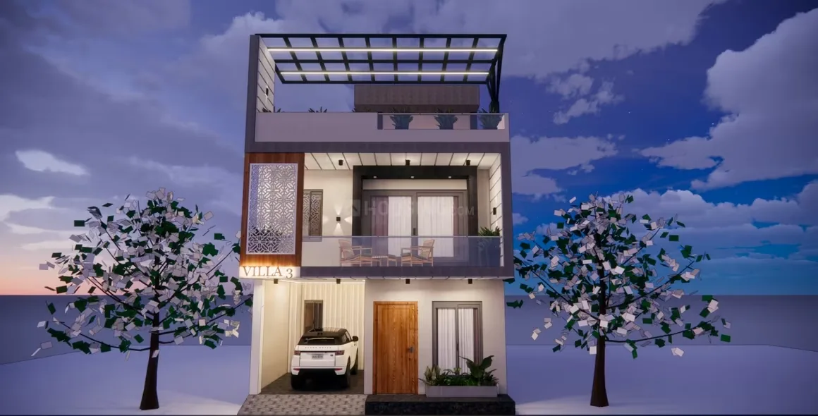 Shree Shyam Luxury Villas — A modern render of a three-story villa with a car parked in the garage, a balcony, and a rooftop terrace.