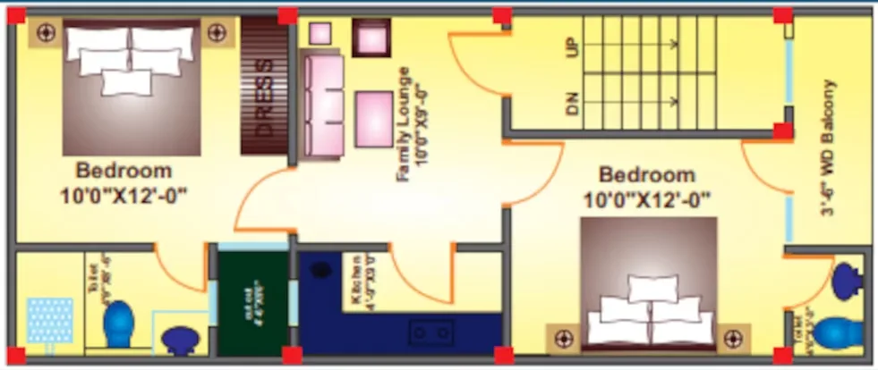 Sanskriti Garden Villas — Floor plan showing two bedrooms, two toilets, a family lounge, kitchen, and stairs going up and down.
