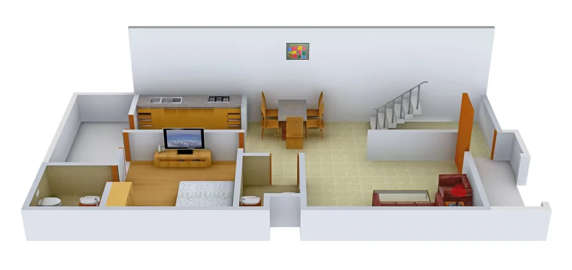 Supertech Holiday Village — 3D render of a villa unit floor plan showing living room, dining, kitchen, bedroom, and stairs.