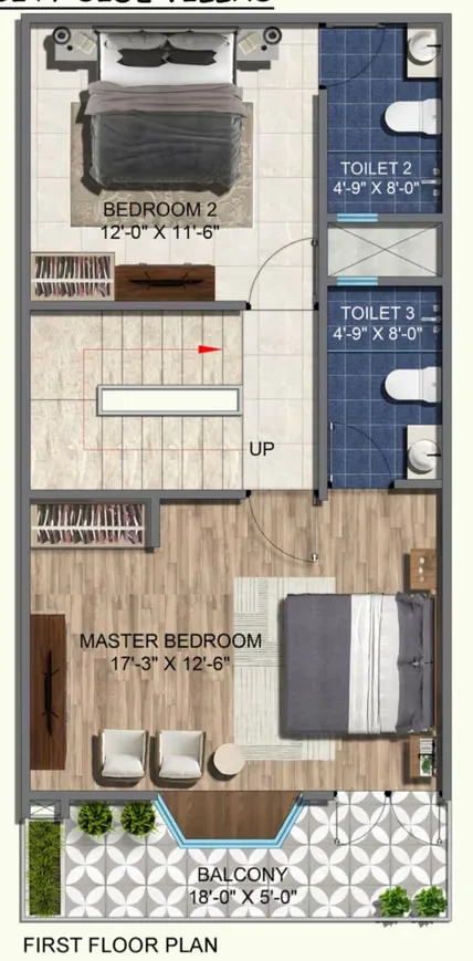 Rohin City Site Villa — Floor plan of a first floor showing a master bedroom, a second bedroom, two toilets, a staircase, and a balcony.