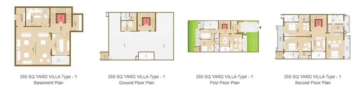 ATS Pristine 350 sq yard villa Type 1 floor plans across basement, ground, first and second floors.