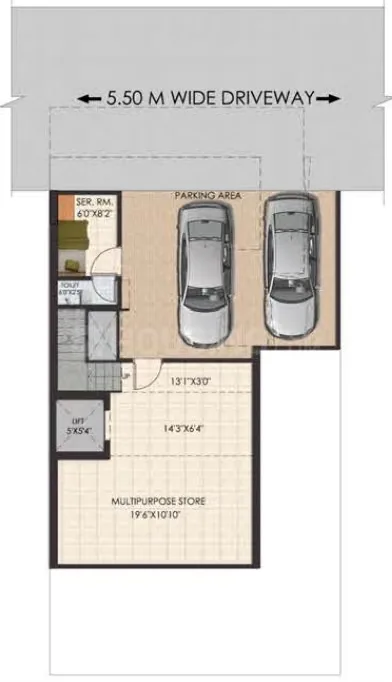 Sunrise Suntwilight Recreational Phase 1 — Floor plan showing a 5.50 M wide driveway, parking area, service room, multipurpose store, and utility areas.