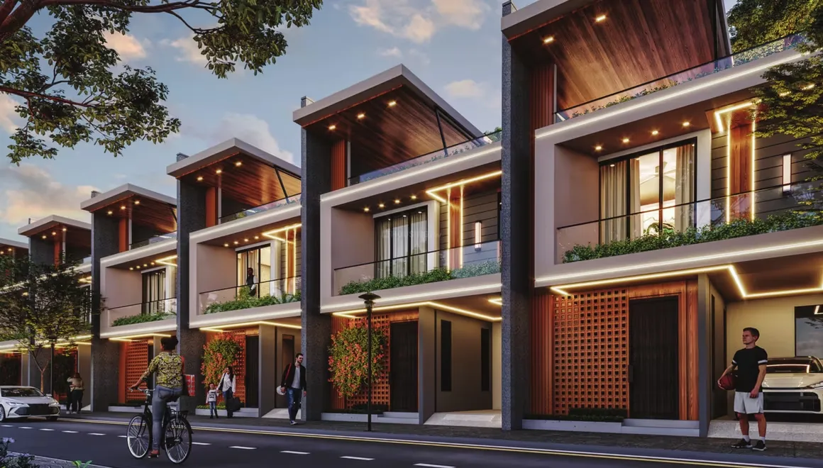 Green Villa 1 — A 3D render of a row of modern villas with sleek designs, wooden accents, balconies, and illuminated facades.