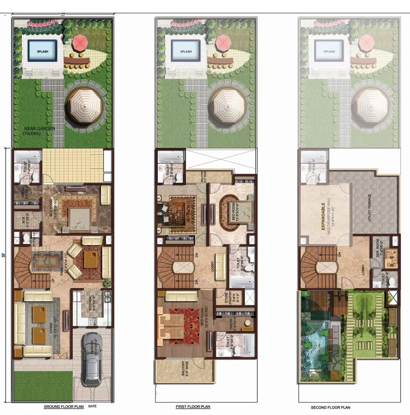 Amrapali Leisure Valley 23 by 59 feet villa floor plan across three floors
