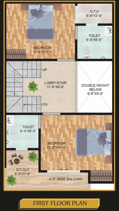 Trivor Imperial Homes — First floor plan with two bedrooms, two toilets, a lobby/stair area, a sit-out, and a balcony.