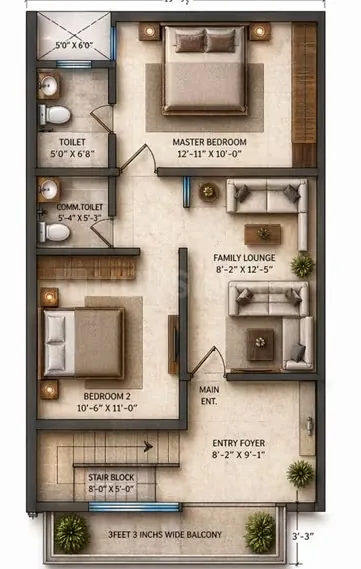 CGS Villas — Floor plan rendering of a residential unit with master bedroom, bedroom 2, family lounge, bathrooms, and balcony.
