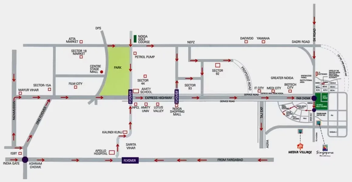 Samiah Media Village — Location map showing major roads and landmarks like Noida Golf Course, Amity School, and shopping malls.