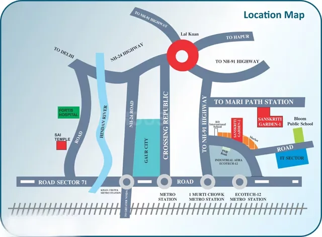 Sanskriti Garden Villas — Location map showing roads, highways, rivers, metro stations, and landmarks like Fortis Hospital, Sai Temple, Gaur City.