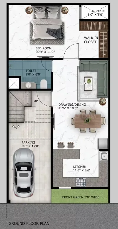 Paradise Shree Ram Vatika — Ground floor plan for a residential villa with parking, drawing/dining, kitchen, toilet, and a bedroom with walk-in closet.