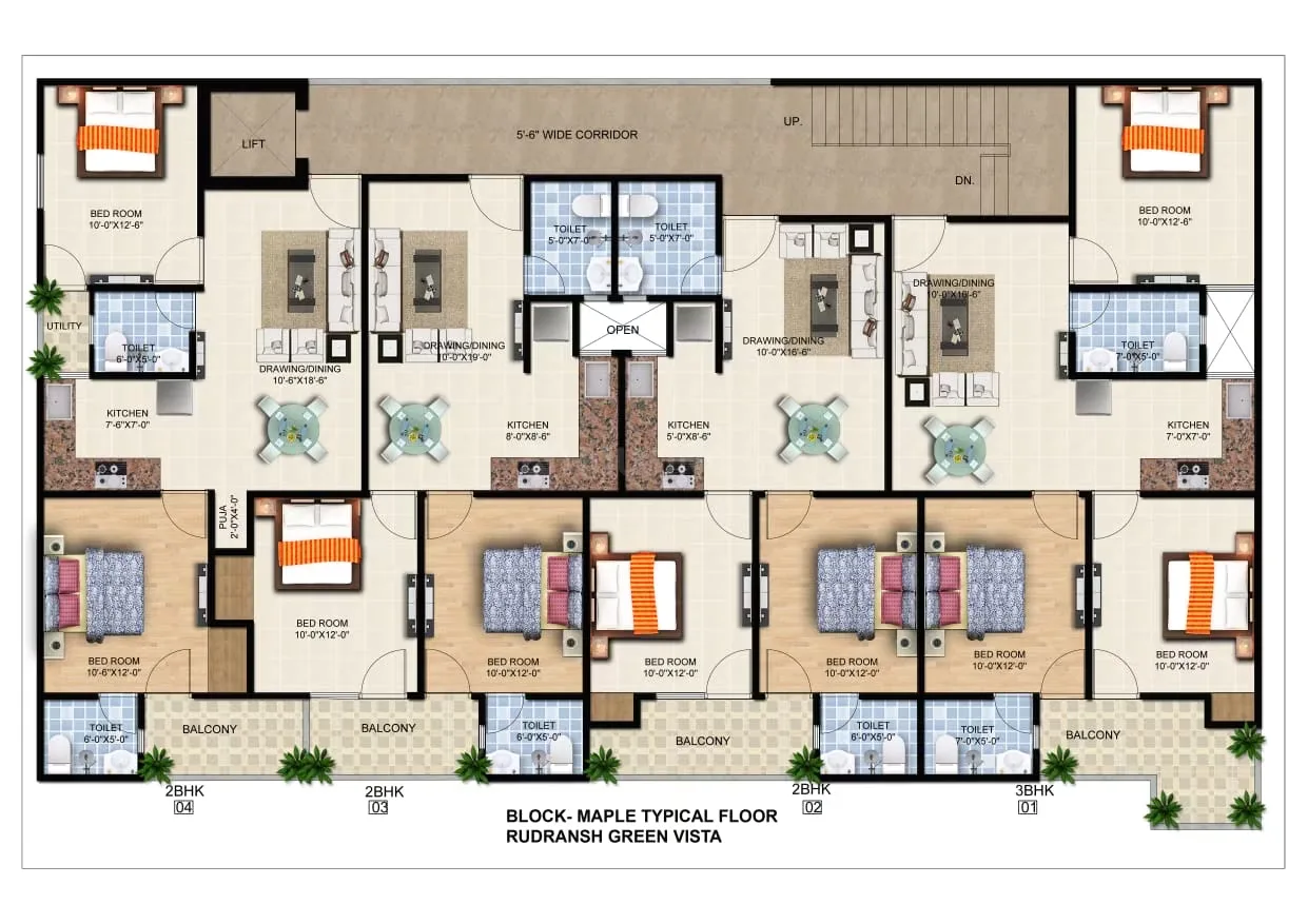 Rudransh Green Vista — Floor plan for Block-Maple Typical Floor at Rudransh Green Vista, showing multiple 2BHK and 3BHK units.