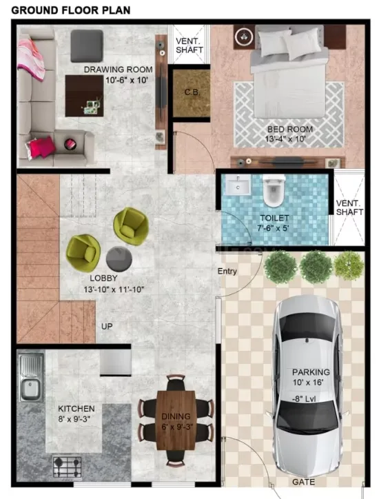 Primagic Onyx Abode — Ground floor plan showing a drawing room, bedroom, toilet, lobby, kitchen, dining area, and parking space.