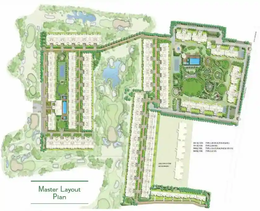 ATS Pristine Golf Villas master layout plan with villa rows along the golf course, water bodies, clubhouse pool and shared amenities, Sector 150 Noida.
