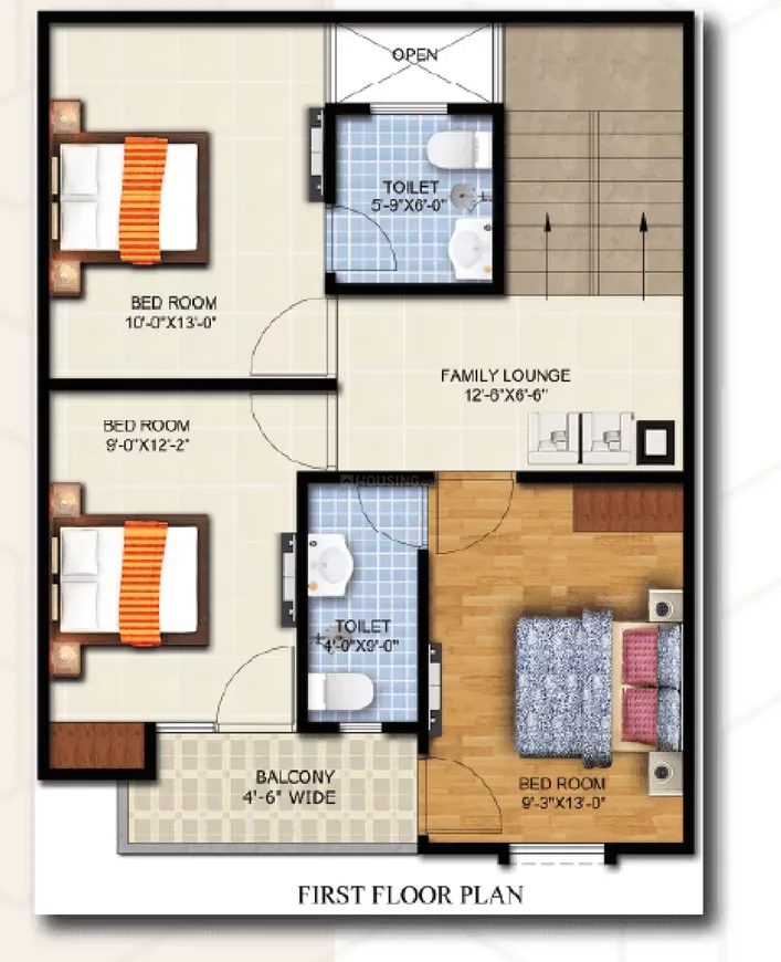 Aarohi Villa — First floor plan of a villa showing three bedrooms, two bathrooms, a family lounge, and a balcony.
