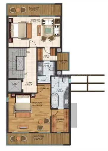 Sunrise Suntwilight Recreational Phase 1 — Floorplan showing two bedrooms, balconies, bathrooms, and a lobby area with stairs and a lift