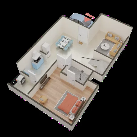Real Homez Green Villa 2 — Top-down 3D render of a residential floor plan showing a bedroom, living room, dining area, kitchen and bathroom.