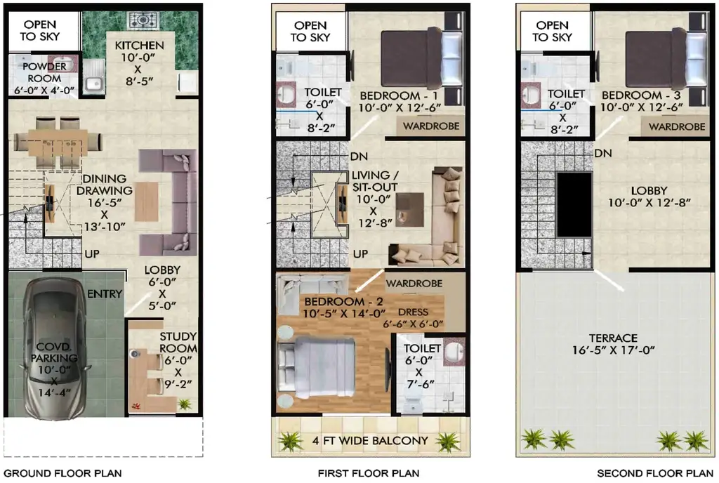 Ashoka Greens Villas floor plan variant A across ground, first and second floors