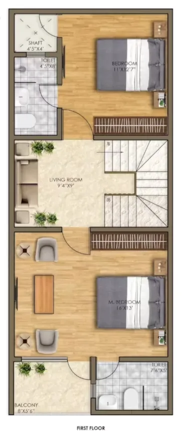 Trinity Primus — Floor plan rendering of a first floor with living room, two bedrooms with attached bathrooms, and a balcony.