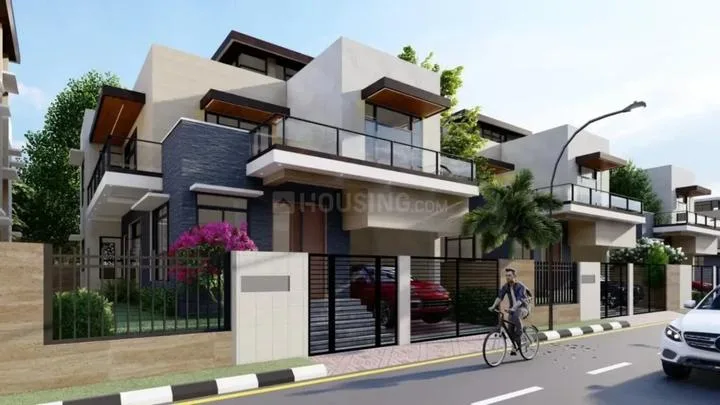 Rexman Divine Luxury Prime Villa — A modern rendered villa with a grey and white exterior, glass balconies, and a red car visible through a gate.