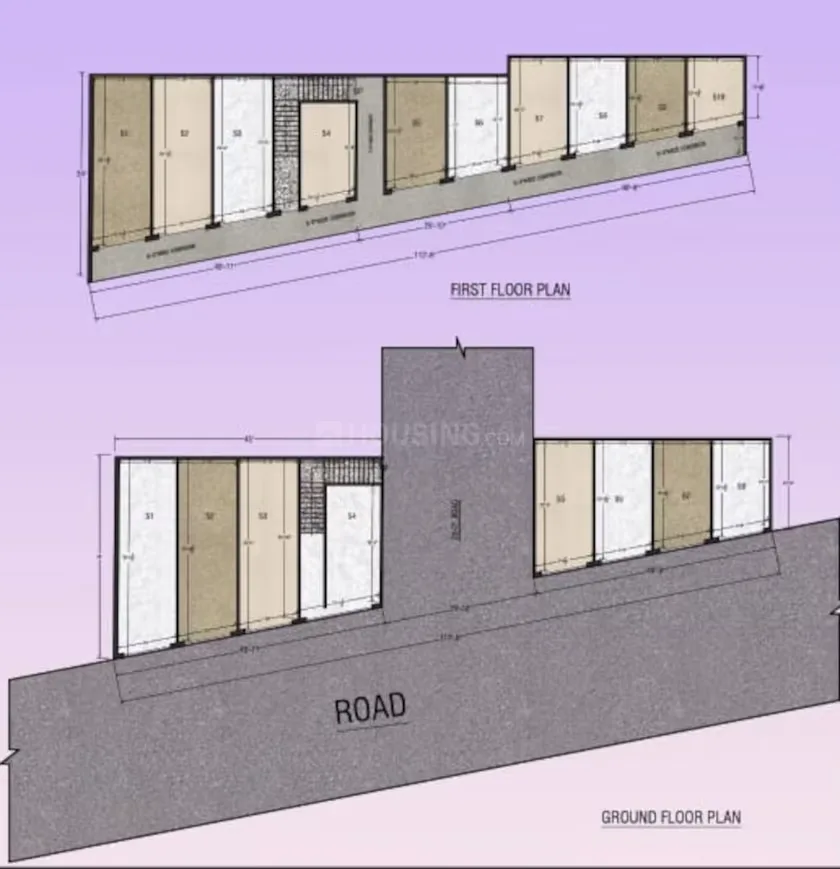 Rehouse Krishna Orchid Villa — First and ground floor plans of a building showing units, corridors, and road access, with dimensions.