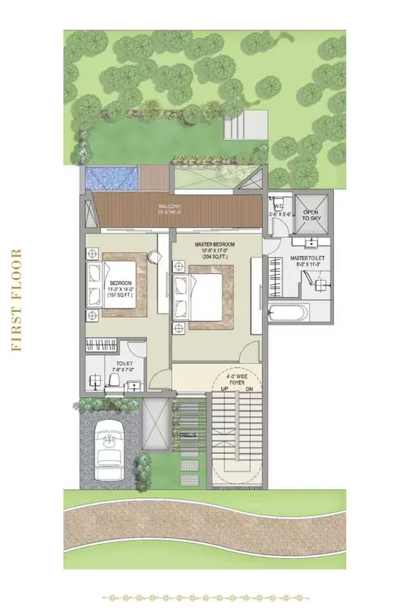 Rise Resort Residence Villa — First floor plan of a villa showing two bedrooms, two bathrooms, a balcony, and a foyer.