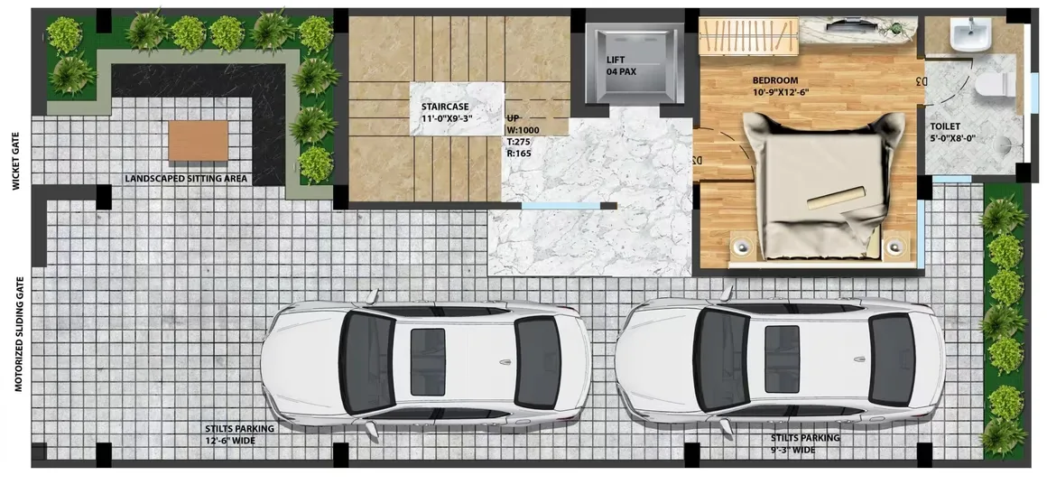 Escon Panache Villas — Floorplan showcasing a bedroom, toilet, staircase, lift, landscaped sitting area, and two parking spaces.