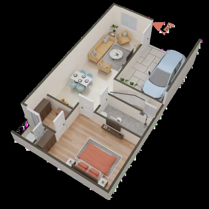 County Villa — A 3D floor plan rendering of a residential unit showing a living room, dining area, bedroom, and car parking space.