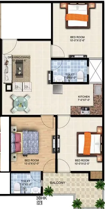 Rudransh Green Vista — Floor plan of a 3BHK unit with dimensions for rooms including living/dining, three bedrooms, kitchen, two toilets, and a balcony.
