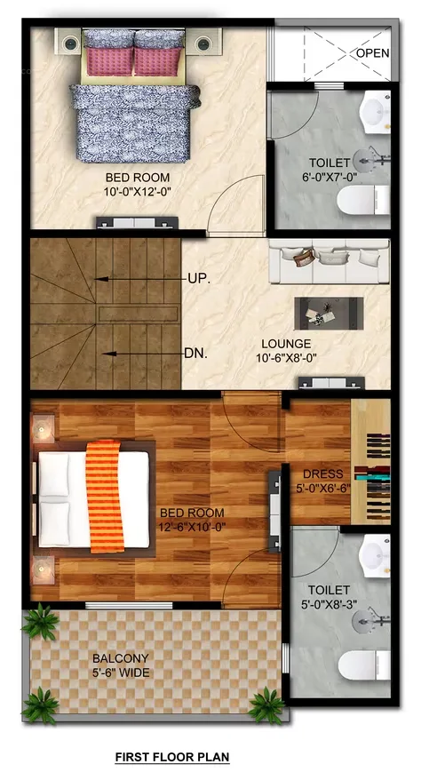 THV Vihaan Villa — First floor plan of a villa showing two bedrooms, two toilets, a lounge, stairs, and a balcony.