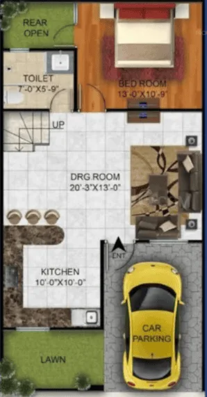 AB Crimson Villa — Floor plan rendering showing a bedroom, toilet, drawing room, kitchen, lawn, and car parking space.