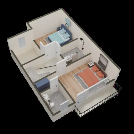 Shubh Villa — 3D rendering of an upper-level floor plan showing two bedrooms, a staircase, and two bathrooms