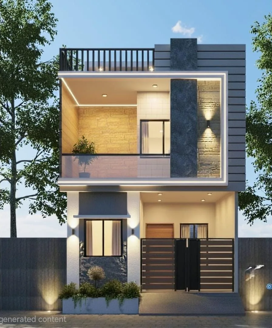 Swastik Ultra Luxury Villa — A modern rendered two-story villa with a balcony, fence, and ambient lighting under a clear blue sky with trees.