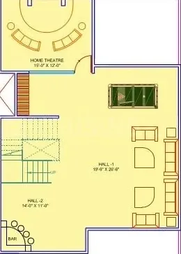 Supertech Golf Country Villas — Floor plan showing a home theatre, two halls, and a bar area with dimensions.