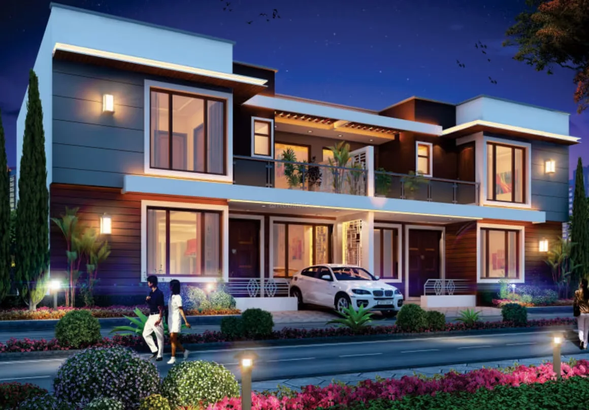 Kingson Green Villa 2 — A 3D render of a modern villa at night with a white car parked in the driveway and people walking by.