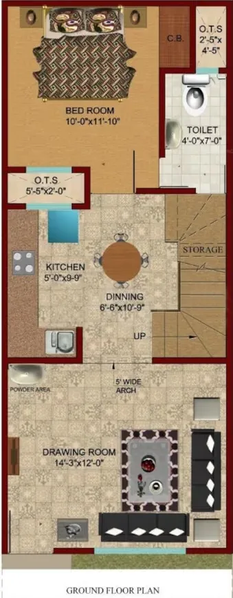 Global Prime Villas — Ground floor plan of a residential villa with dimensions for bedroom, toilet, kitchen, dining, and drawing room.
