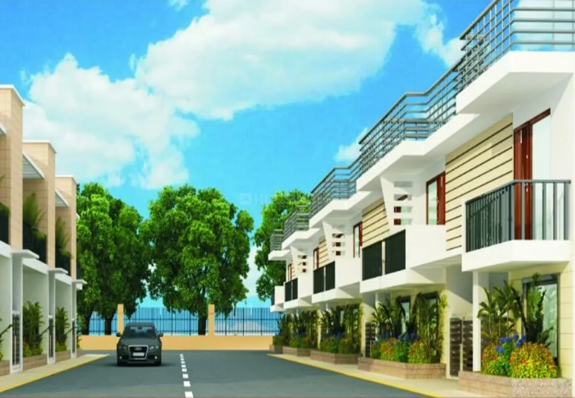 Global Prime Villas — A 3D render of a row of modern residential villas with balconies and a car on the road under a blue sky.