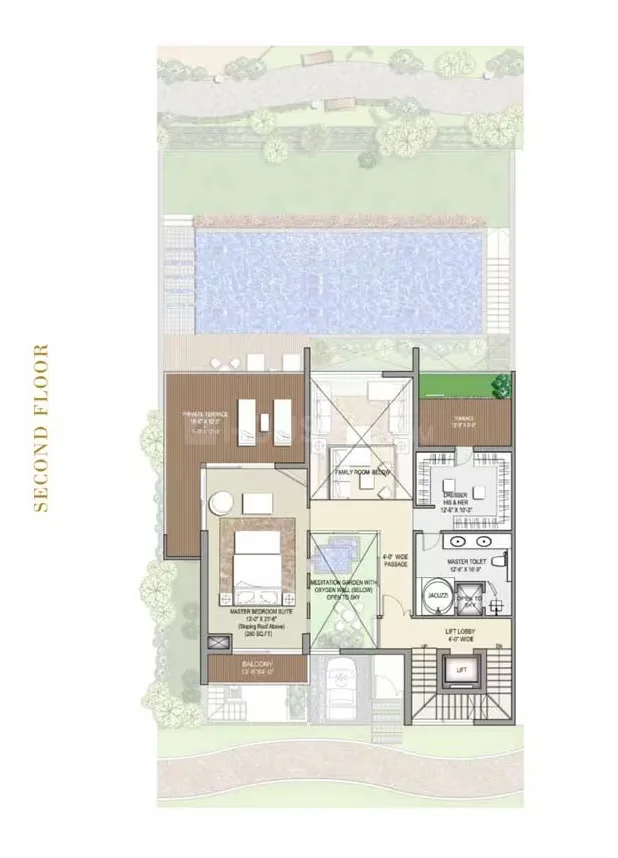 Rise Resort Residence Villa — Floor plan drawing of the second floor of a villa, showing master bedroom, family room, private terrace, and a swimming pool outside