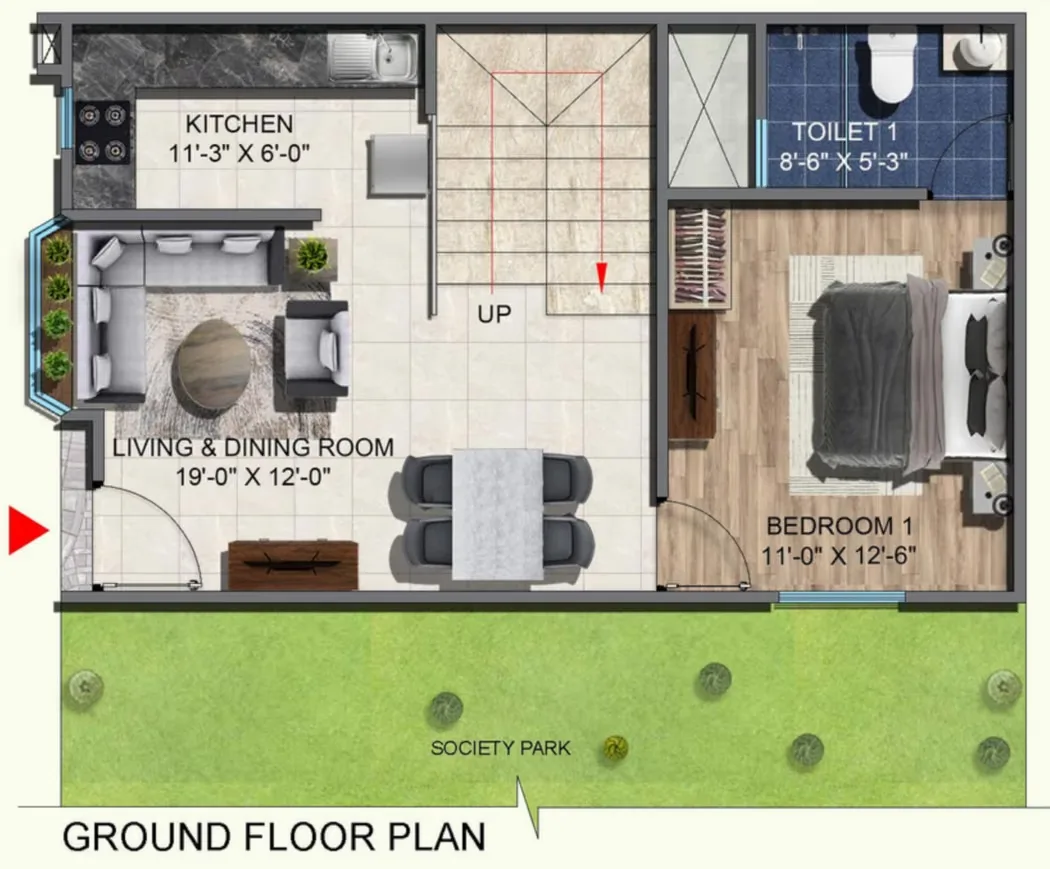 Rohin City Site Villa — Ground floor plan showing a living and dining room, kitchen, bedroom, toilet, and an outdoor society park.