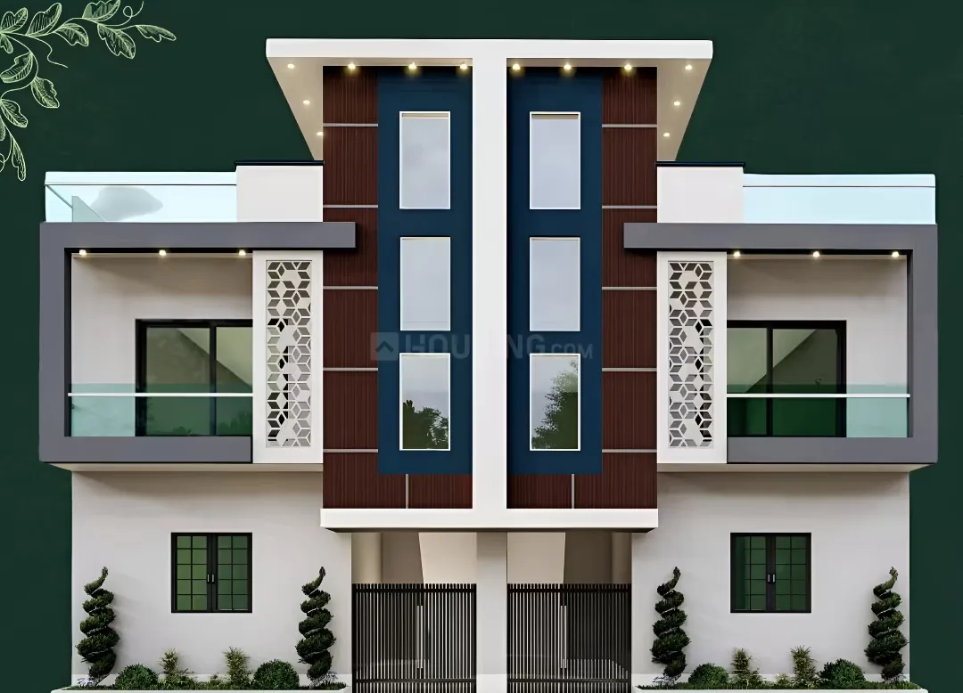 The Heritage Villas — Front elevation render of two modern semi-detached villas with blue and brown paneling, glass balconies, and decorative screens.
