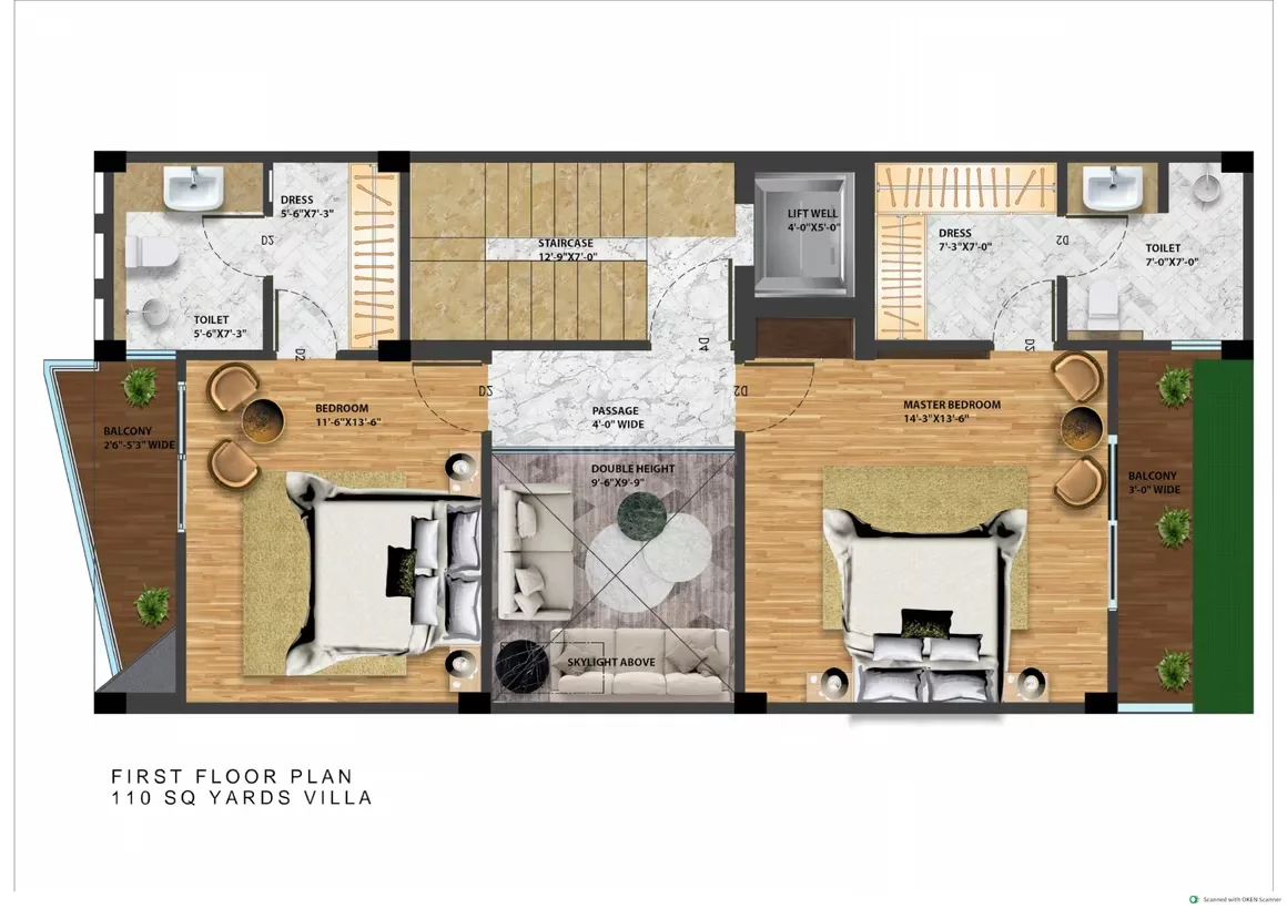 Escon Panache Villas — First floor plan of a 110 sq yard villa showing two bedrooms, balconies, lift, staircase, and toilets.