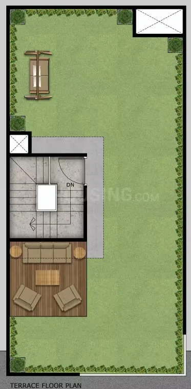 Paradise Shree Ram Vatika — Floor plan rendering of a terrace with lawn area, outdoor seating, and stairs leading down.