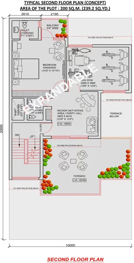 Jaypee Villa Expanza Green Crest Homes — Second-floor plan for a villa, showing a bedroom, bathroom, balcony, mini gym, indoor gathering area, and terrace.