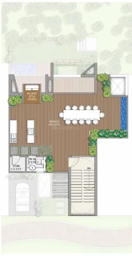 Rise Resort Residence Villa — Floorplan drawing showing a terrace, dining area, kitchen, bedroom, bathroom, store room, and car park.