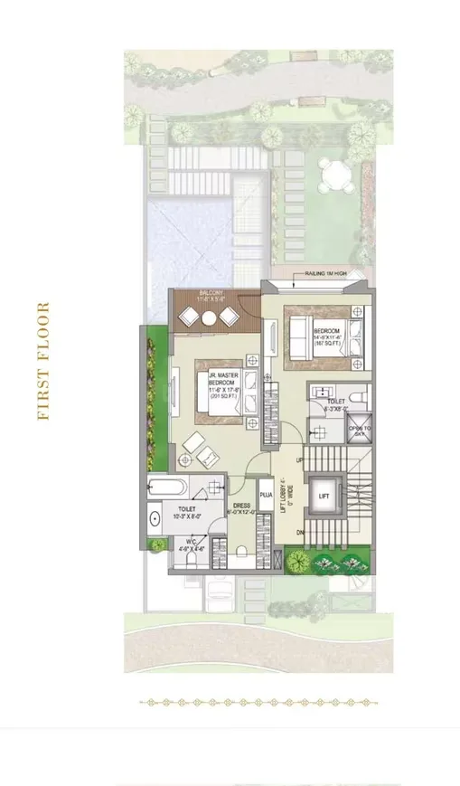 Rise Resort Residence Villa — First floor plan of a residential villa showing two bedrooms, bathrooms, a lift, and a balcony.