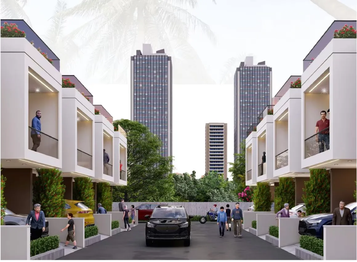 Paradise Palm Villa — A 3D render showing a street view of modern white villas with balconies, people, cars, and tall buildings in the background.