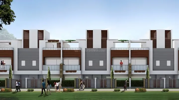 Airwil Smart Ville — A 3D render of modern villa townhouses with white, grey, and brown exteriors, glass balconies, and a green lawn.